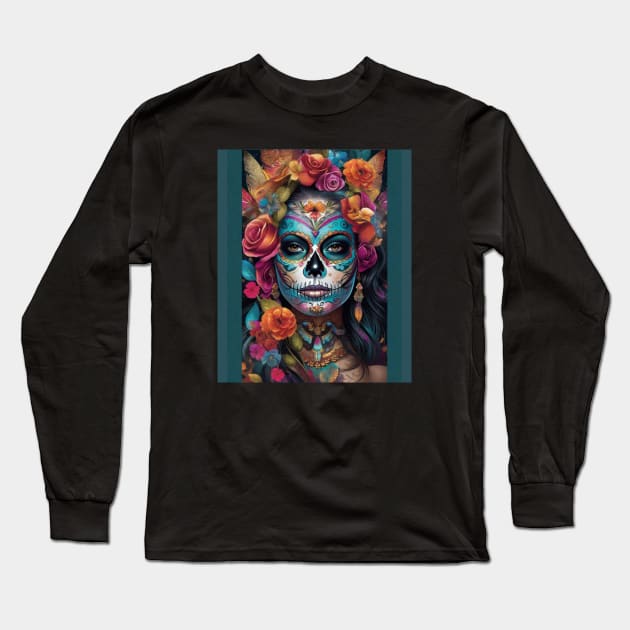 Floral Fiesta: Woman Embraces Dia de los Muertos with Sugar Skull Makeup Long Sleeve T-Shirt by ImaginativeInkPOD